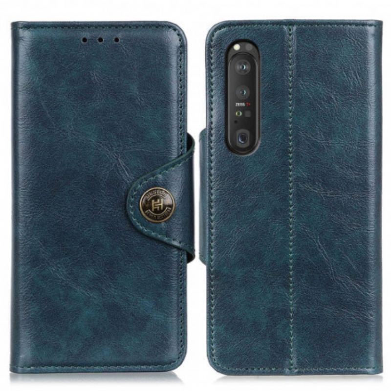 Capa Folio Para Sony Xperia 1 III Botão Envernizado De Couro Falso