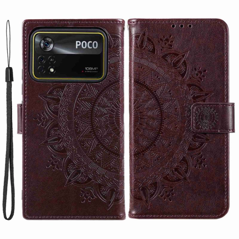 Capa De Couro Para Poco X4 Pro 5G Mandala Sol Com Cordão