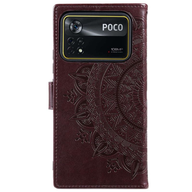 Capa De Couro Para Poco X4 Pro 5G Mandala Sol Com Cordão