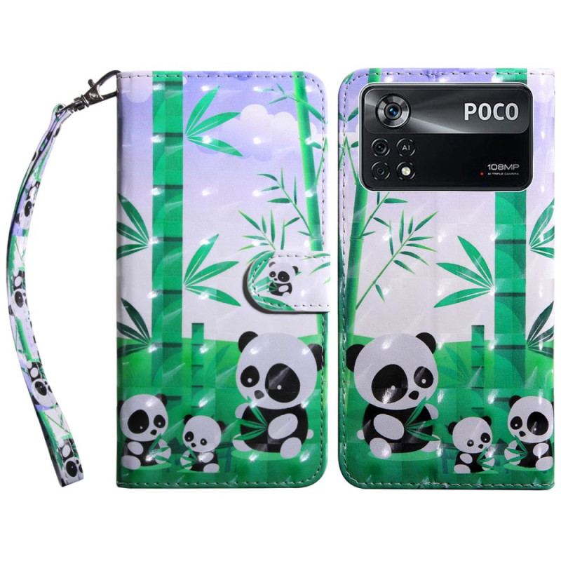 Capa Em Pele Para Poco X4 Pro 5G De Cordão Lanyard Família Panda