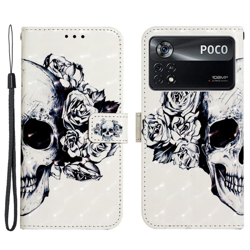 Capa Flip Para Poco X4 Pro 5G De Cordão Caveira Floral Com Alça