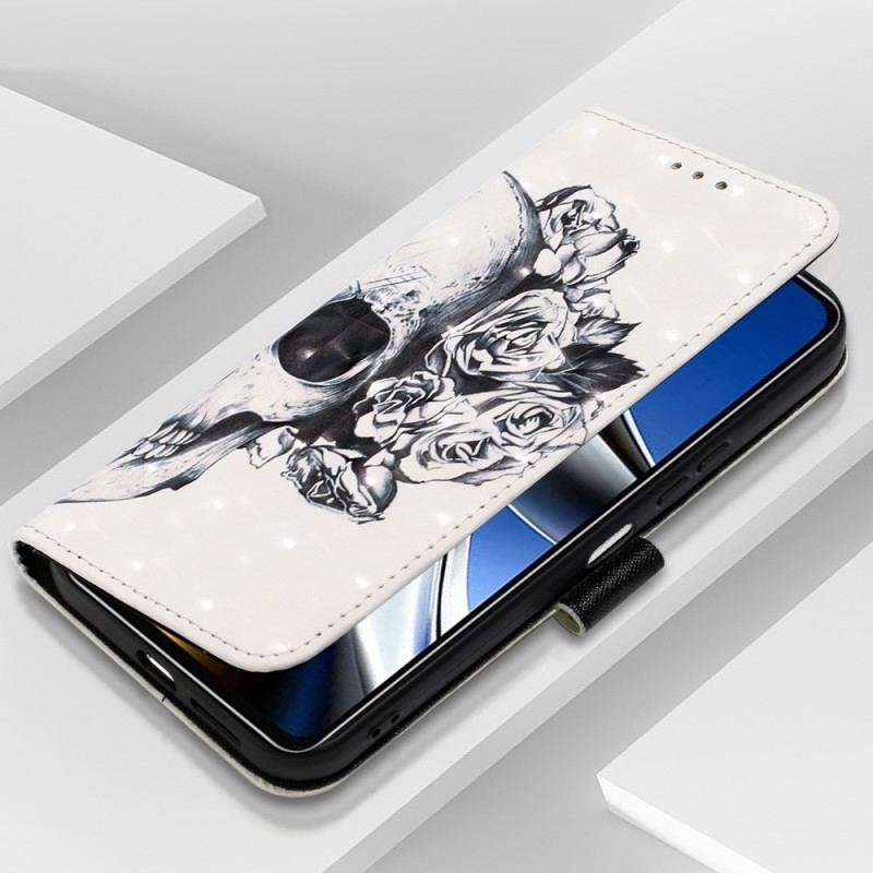 Capa Flip Para Poco X4 Pro 5G De Cordão Caveira Floral Com Alça