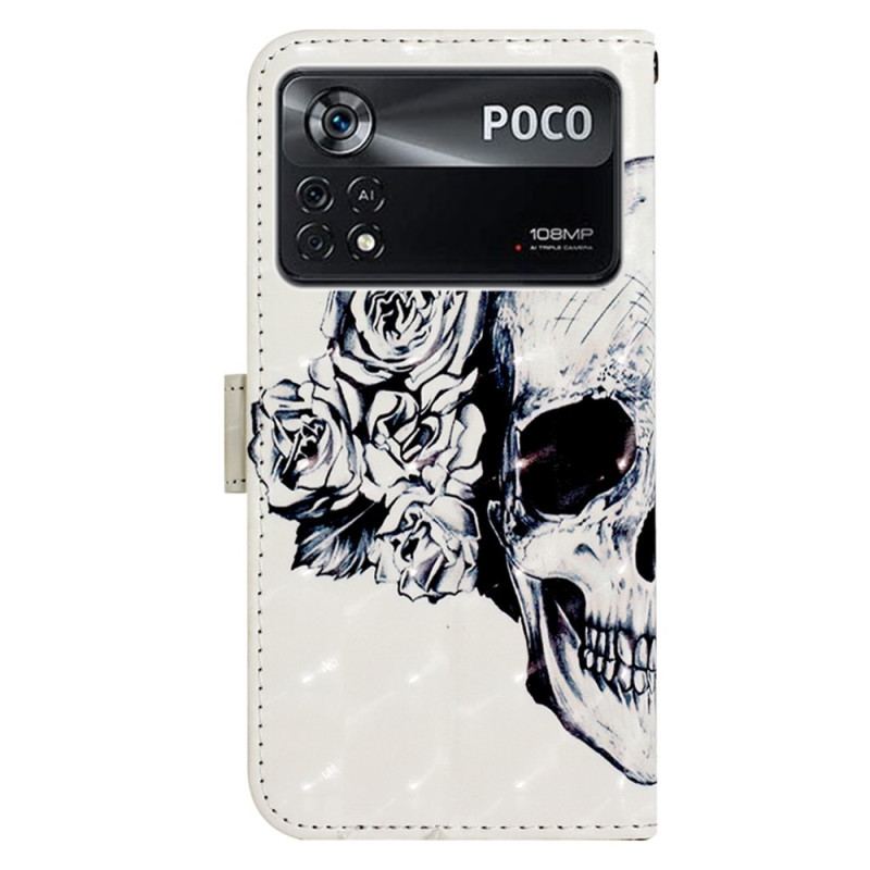 Capa Flip Para Poco X4 Pro 5G De Cordão Caveira Floral Com Alça