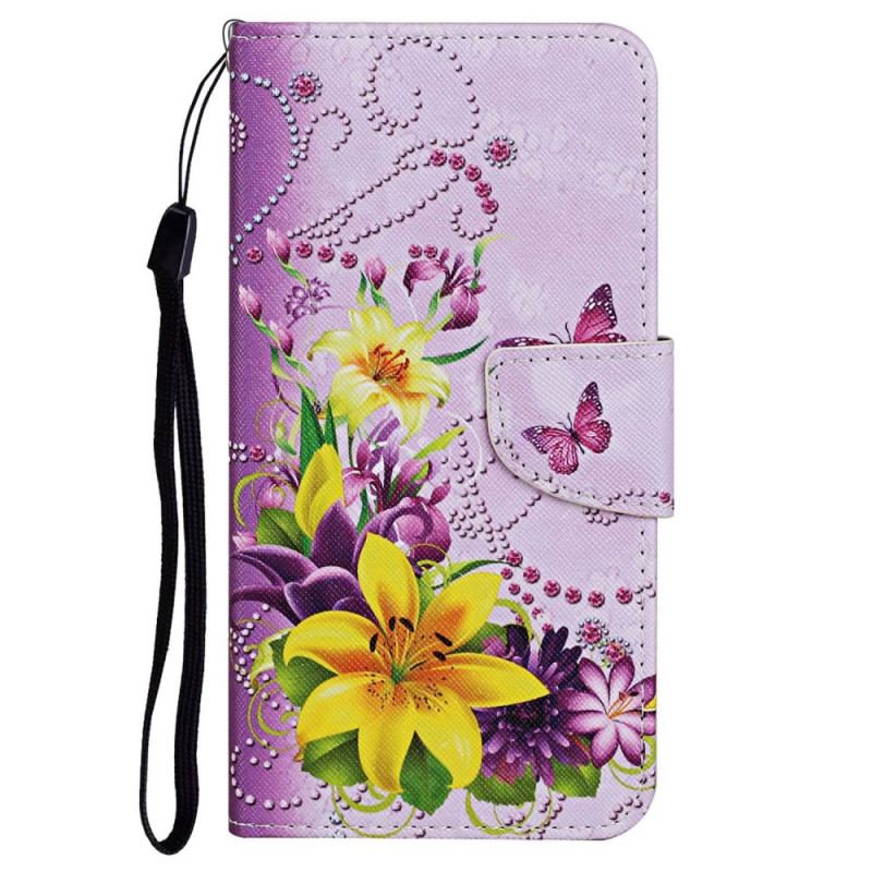 Capa Flip Para Poco X4 Pro 5G De Cordão Fantasia Floral Com Tiras