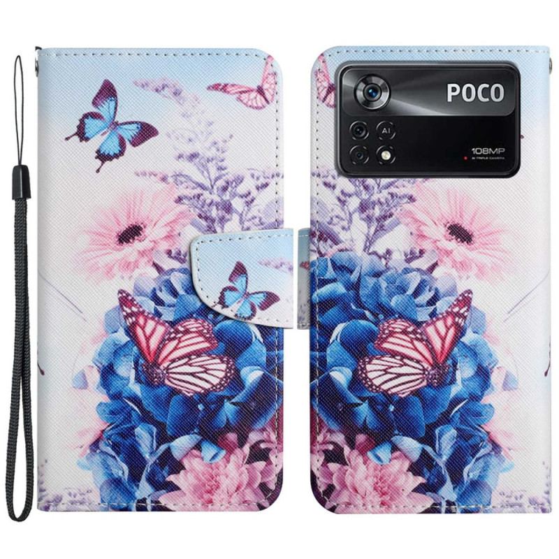 Capa Flip Para Poco X4 Pro 5G De Cordão Fantasia Floral Com Tiras