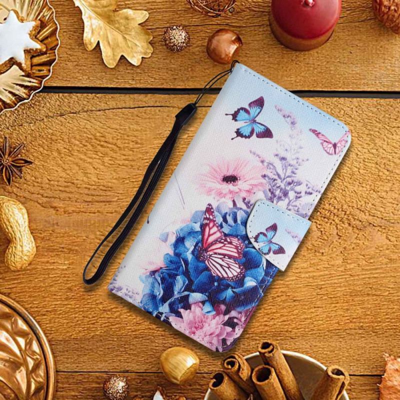 Capa Flip Para Poco X4 Pro 5G De Cordão Fantasia Floral Com Tiras