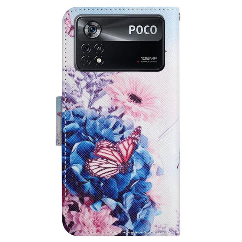 Capa Flip Para Poco X4 Pro 5G De Cordão Fantasia Floral Com Tiras