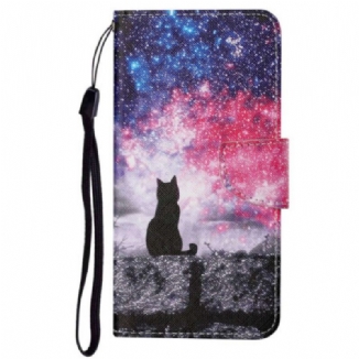 Capa Flip Para Poco X4 Pro 5G De Cordão Gato À Noite Com Alça