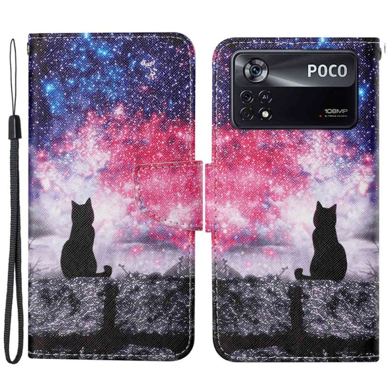 Capa Flip Para Poco X4 Pro 5G De Cordão Gato À Noite Com Alça