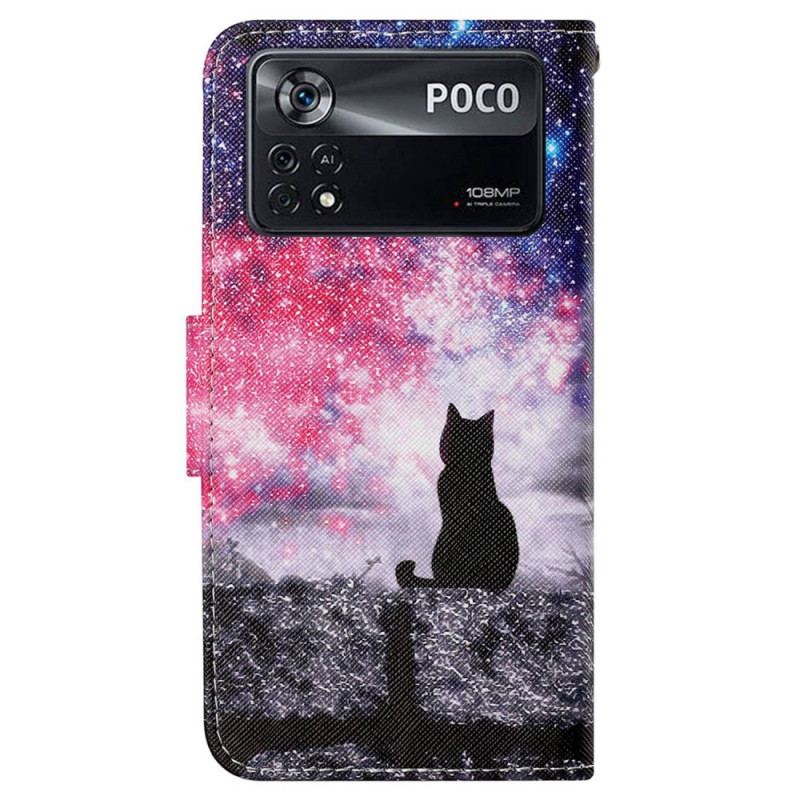 Capa Flip Para Poco X4 Pro 5G De Cordão Gato À Noite Com Alça