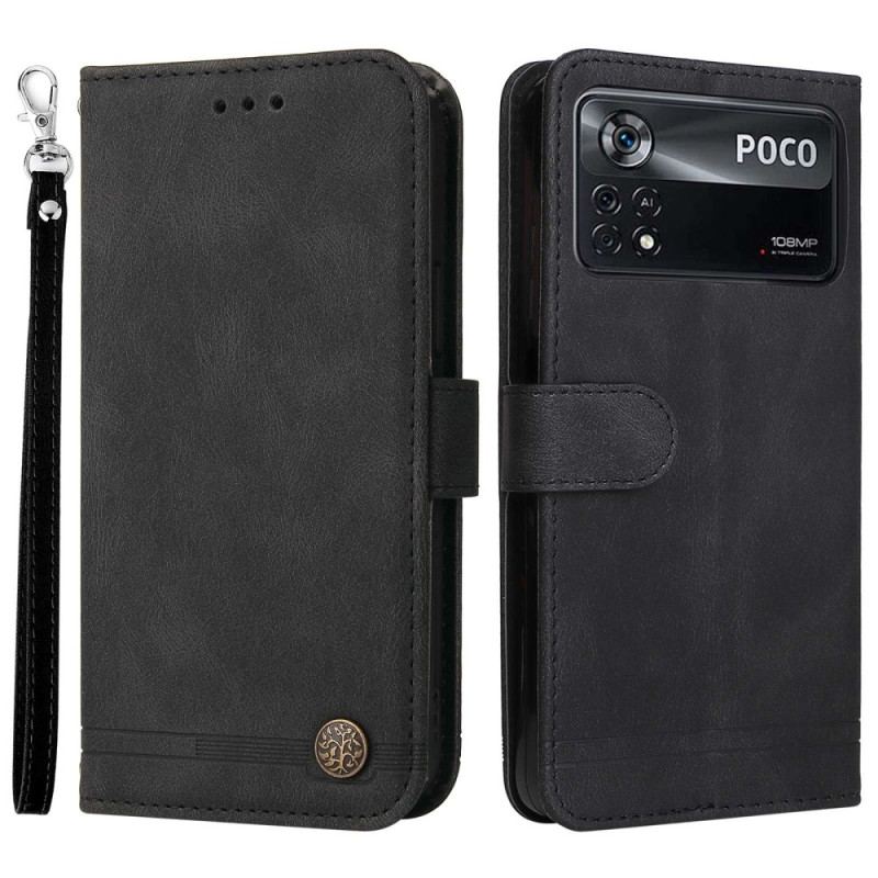 Capa Flip Para Poco X4 Pro 5G Correia E Rebite De Couro Sintético