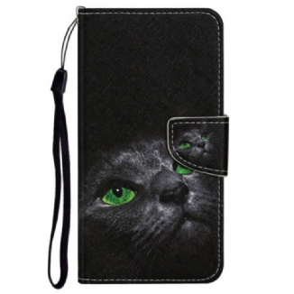 Capa Folio Para Poco X4 Pro 5G De Cordão Gato De Olhos Verdes Na Alça