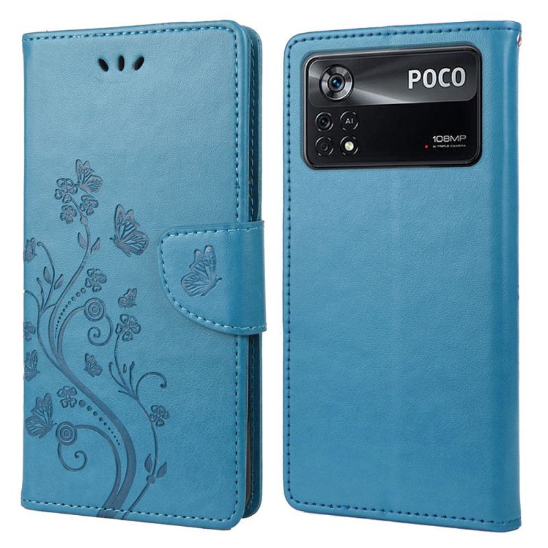 Capa Folio Para Poco X4 Pro 5G De Cordão Tanga Floral Borboletas