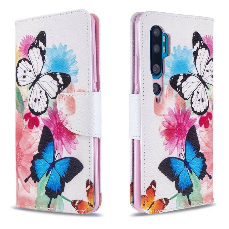 Capa Em Pele Para Xiaomi Mi Note 10 / 10 Pro Borboletas E Flores Pintadas