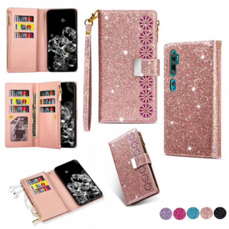 Capa Flip Para Xiaomi Mi Note 10 / 10 Pro Capa Tipo Carteira Carteira Com Zíper De Lantejoulas