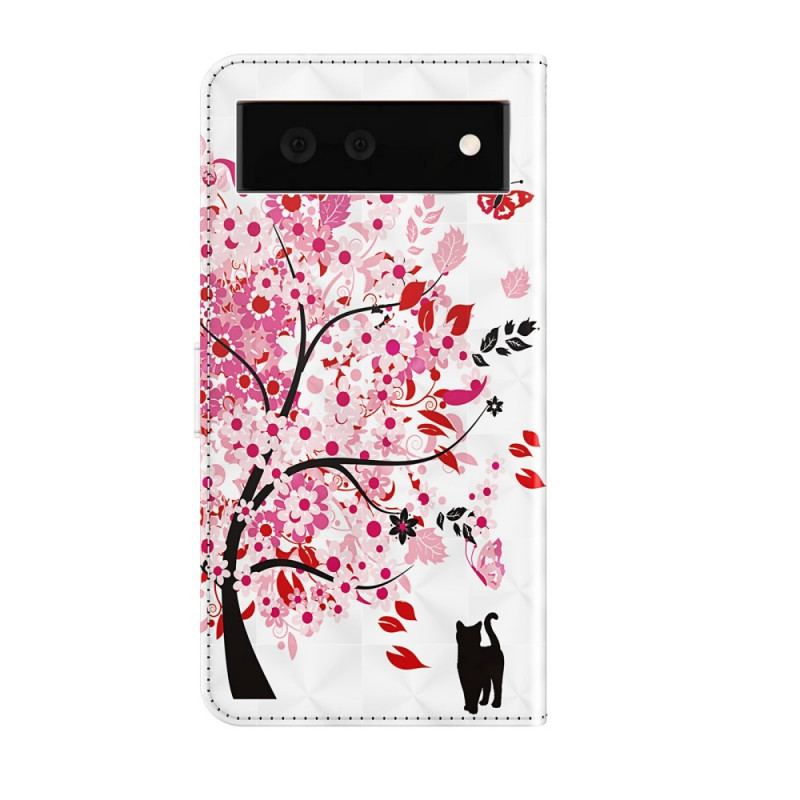 Capa De Couro Para Google Pixel 6 Árvore Rosa E Gato Preto