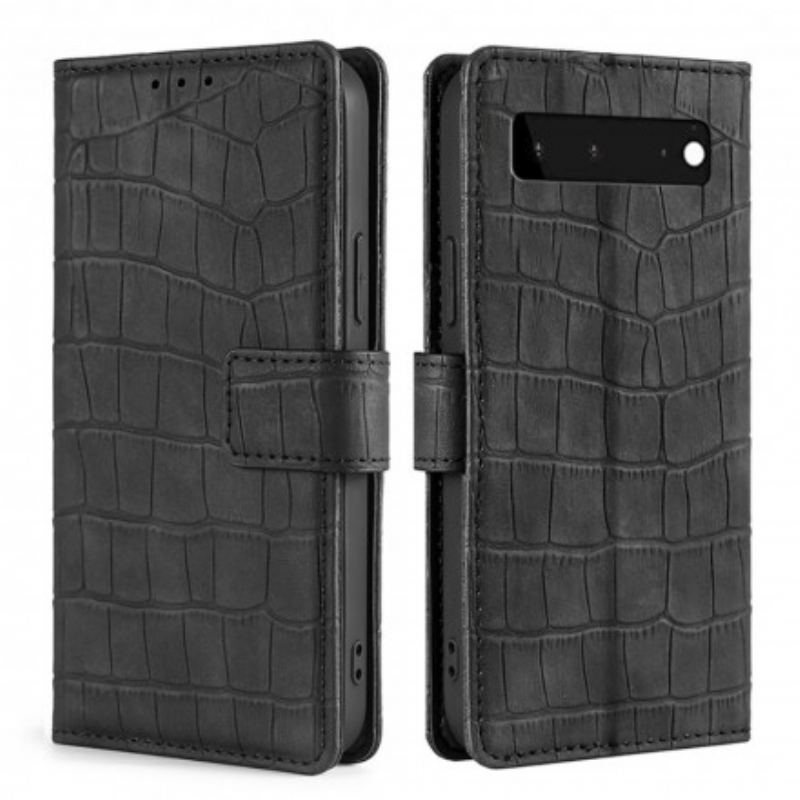 Capa De Couro Para Google Pixel 6 Crocodilo Com Toque De Pele