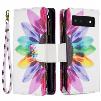 Capa Em Pele Para Google Pixel 6 Bolso Com Zíper Flor