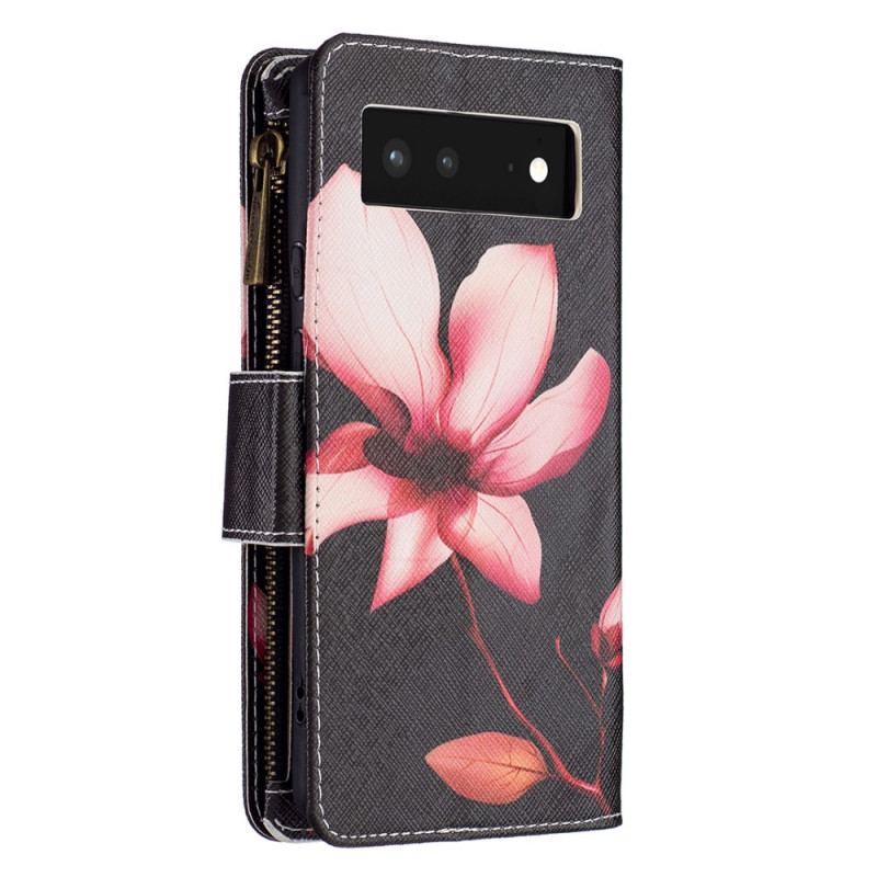 Capa Em Pele Para Google Pixel 6 Bolso Com Zíper Flor