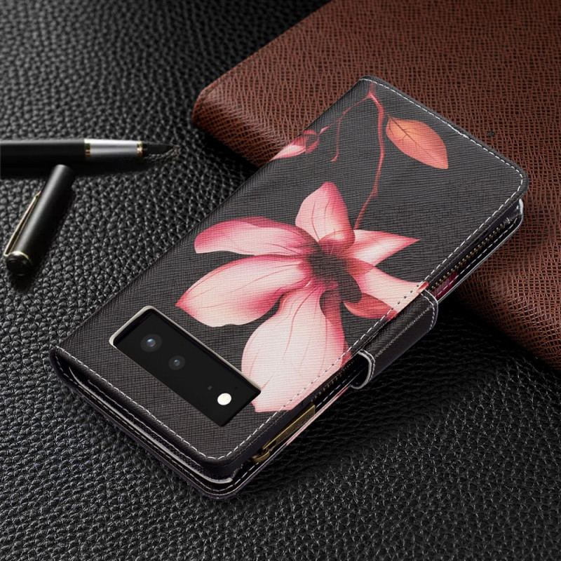 Capa Em Pele Para Google Pixel 6 Bolso Com Zíper Flor