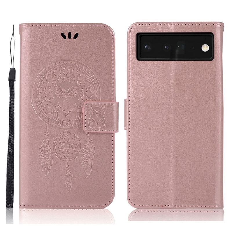 Capa Em Pele Para Google Pixel 6 Coruja Apanhador De Sonhos Efeito Couro