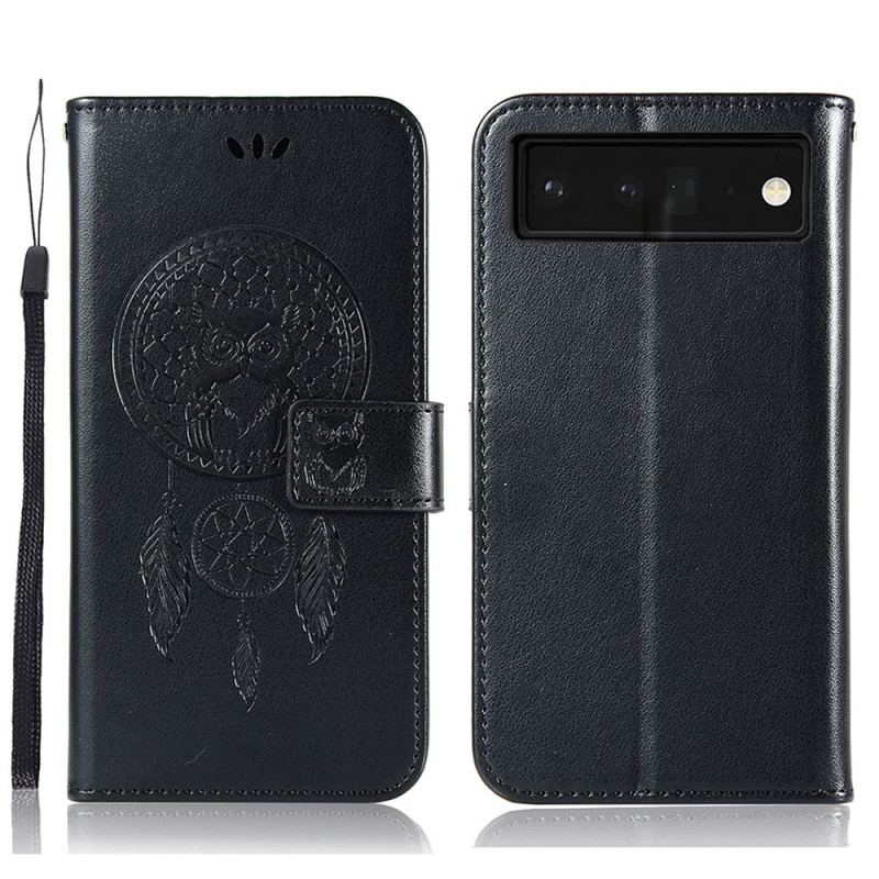 Capa Em Pele Para Google Pixel 6 Coruja Apanhador De Sonhos Efeito Couro