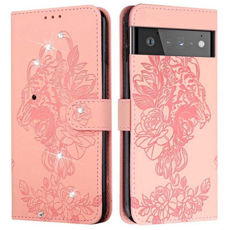 Capa Flip Para Google Pixel 6 Tigre Barroco E Strass