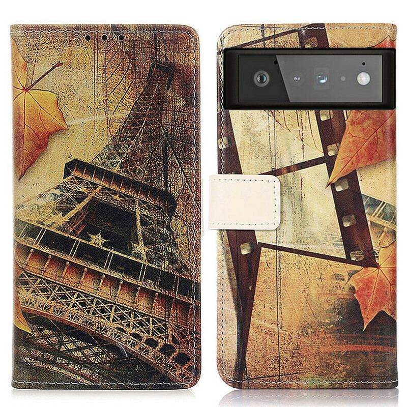 Capa Folio Para Google Pixel 6 Torre Eiffel No Outono