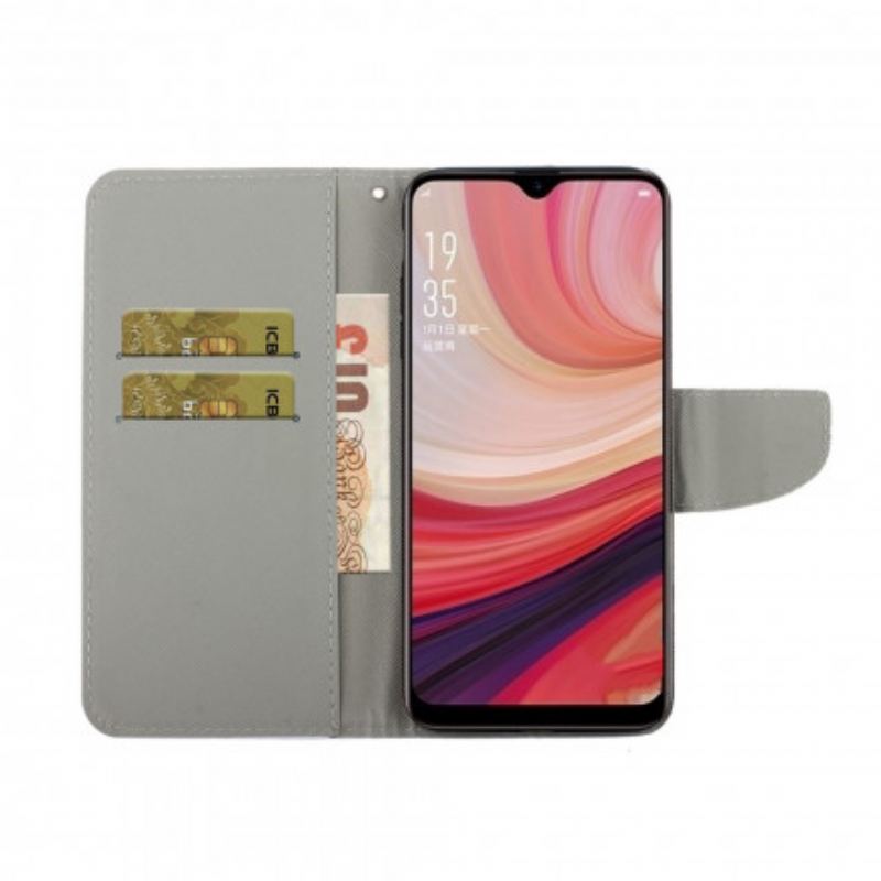 Capa Em Pele Para Oppo A15 Mármore Com Cordão