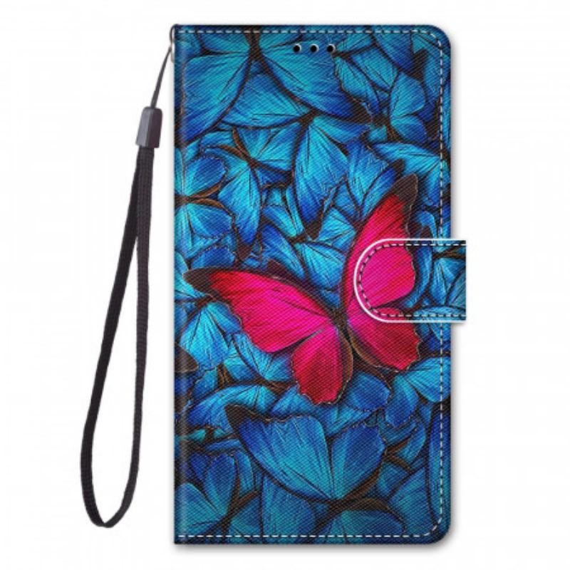 Capa De Couro Para Samsung Galaxy M23 5G Borboleta Vermelha Fundo Azul