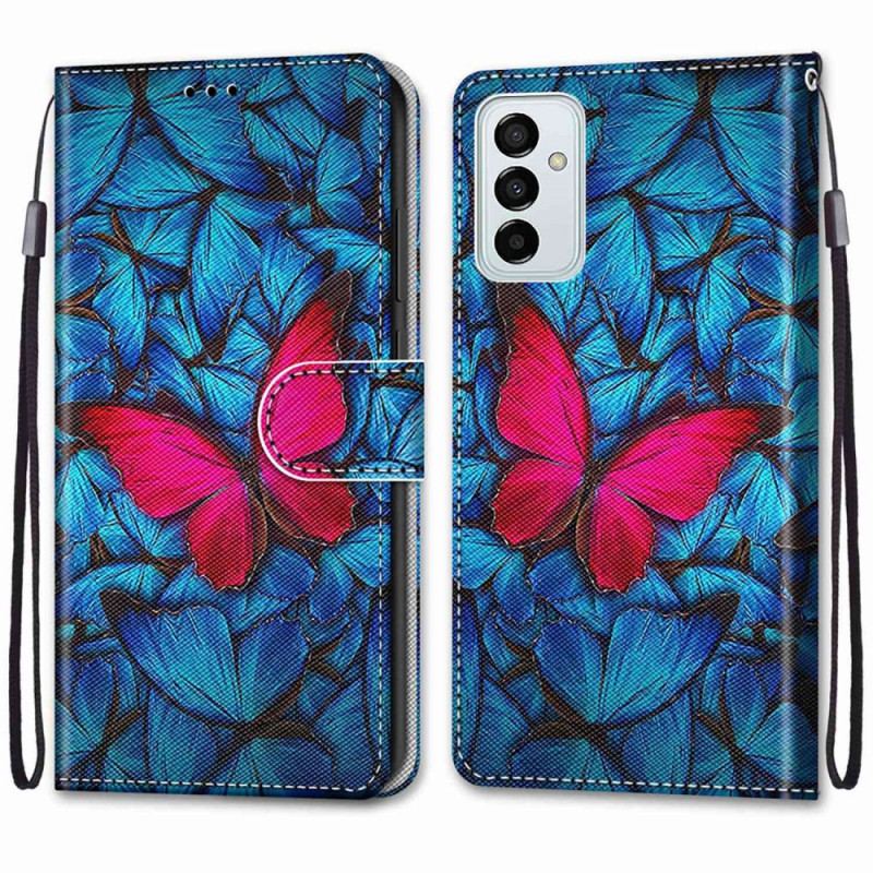 Capa De Couro Para Samsung Galaxy M23 5G Borboleta Vermelha Fundo Azul