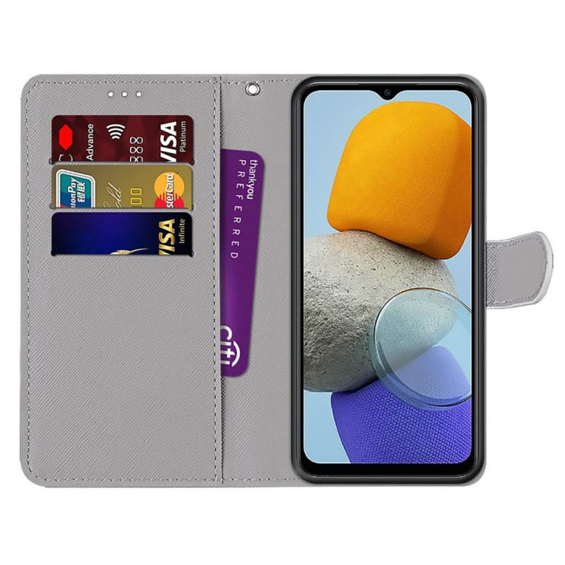 Capa De Couro Para Samsung Galaxy M23 5G Borboleta Vermelha Fundo Azul