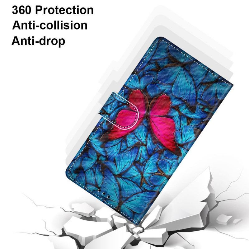 Capa De Couro Para Samsung Galaxy M23 5G Borboleta Vermelha Fundo Azul