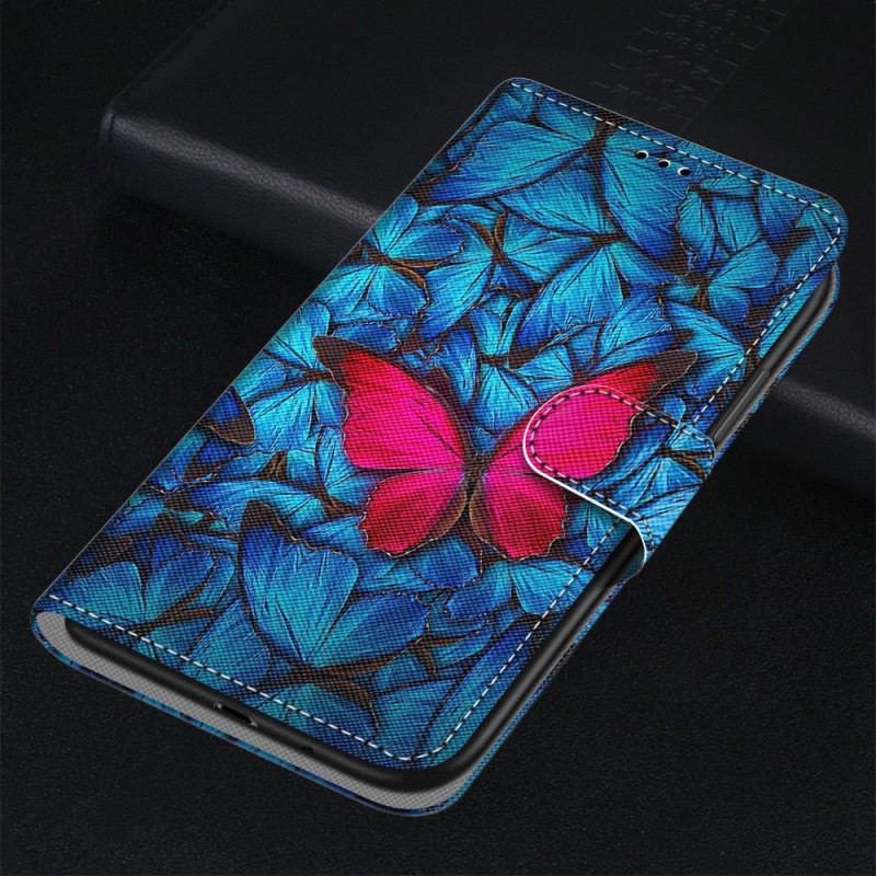 Capa De Couro Para Samsung Galaxy M23 5G Borboleta Vermelha Fundo Azul