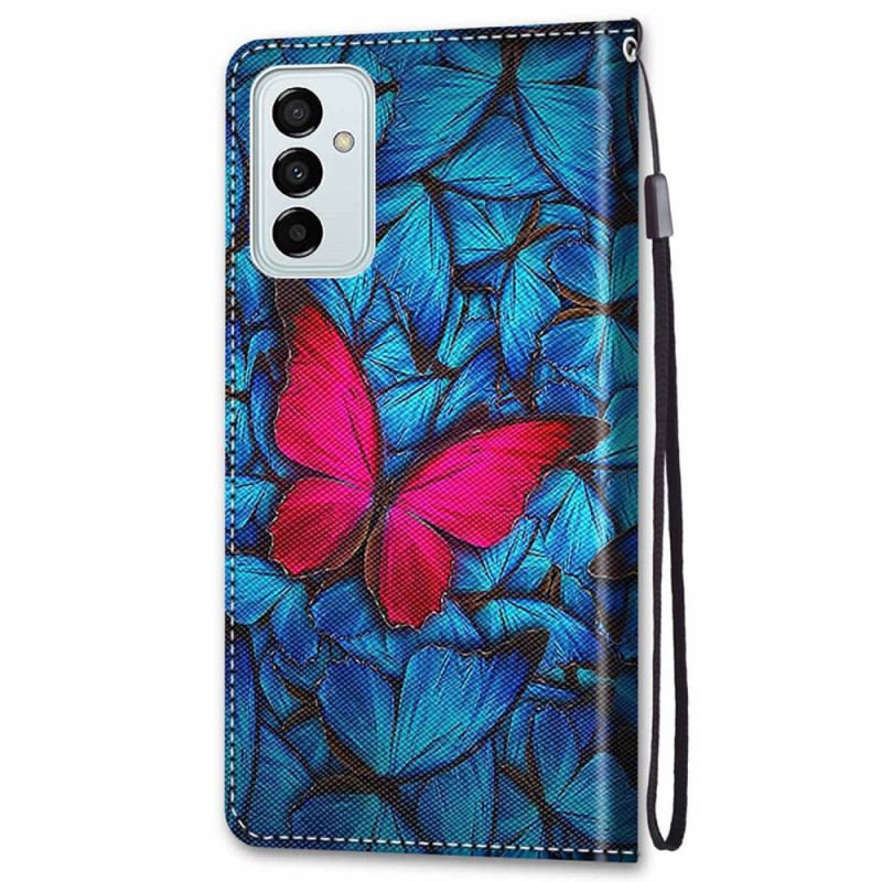 Capa De Couro Para Samsung Galaxy M23 5G Borboleta Vermelha Fundo Azul