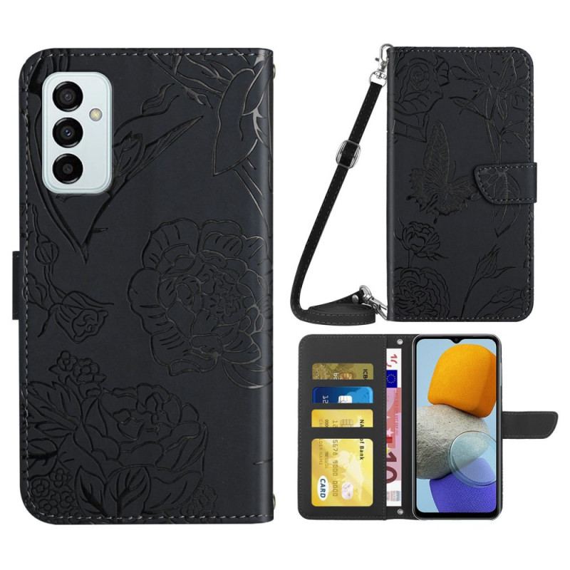 Capa De Couro Para Samsung Galaxy M23 5G Borboletas Discretas E Alça De Ombro