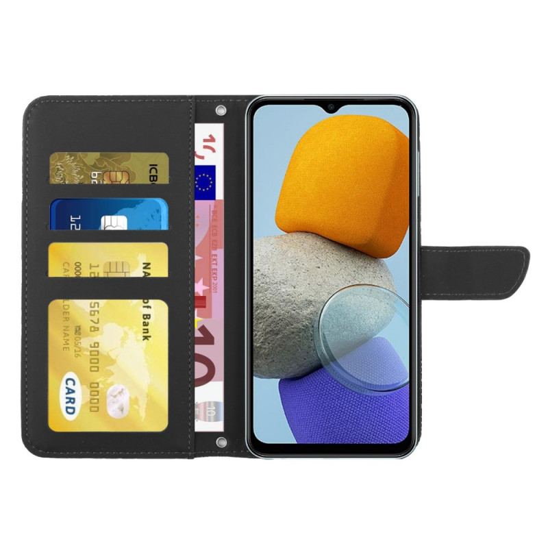 Capa De Couro Para Samsung Galaxy M23 5G Borboletas Discretas E Alça De Ombro