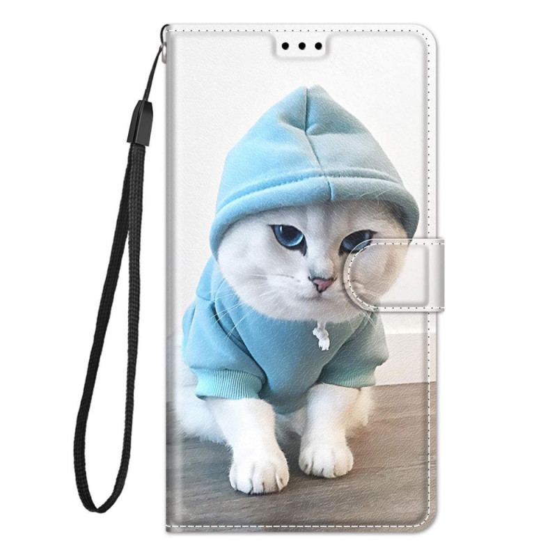 Capa De Couro Para Samsung Galaxy M23 5G De Cordão Ventilador De Gato Tanga