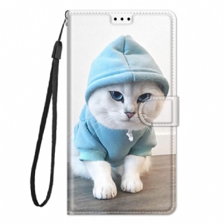 Capa De Couro Para Samsung Galaxy M23 5G De Cordão Ventilador De Gato Tanga