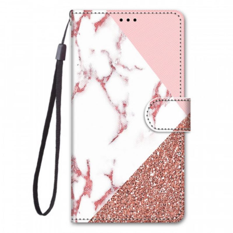 Capa De Couro Para Samsung Galaxy M23 5G Triângulo De Mármore E Glitter