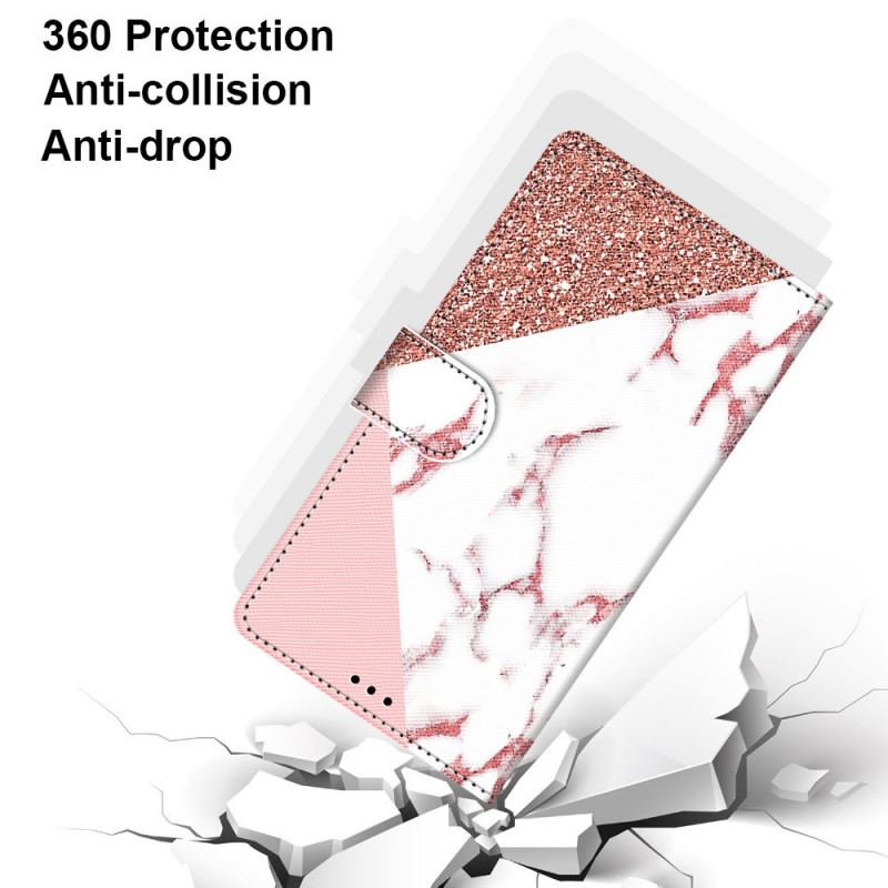 Capa De Couro Para Samsung Galaxy M23 5G Triângulo De Mármore E Glitter