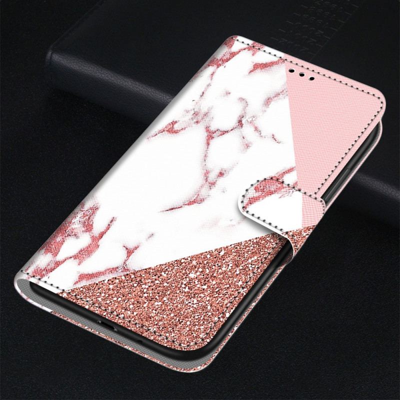 Capa De Couro Para Samsung Galaxy M23 5G Triângulo De Mármore E Glitter