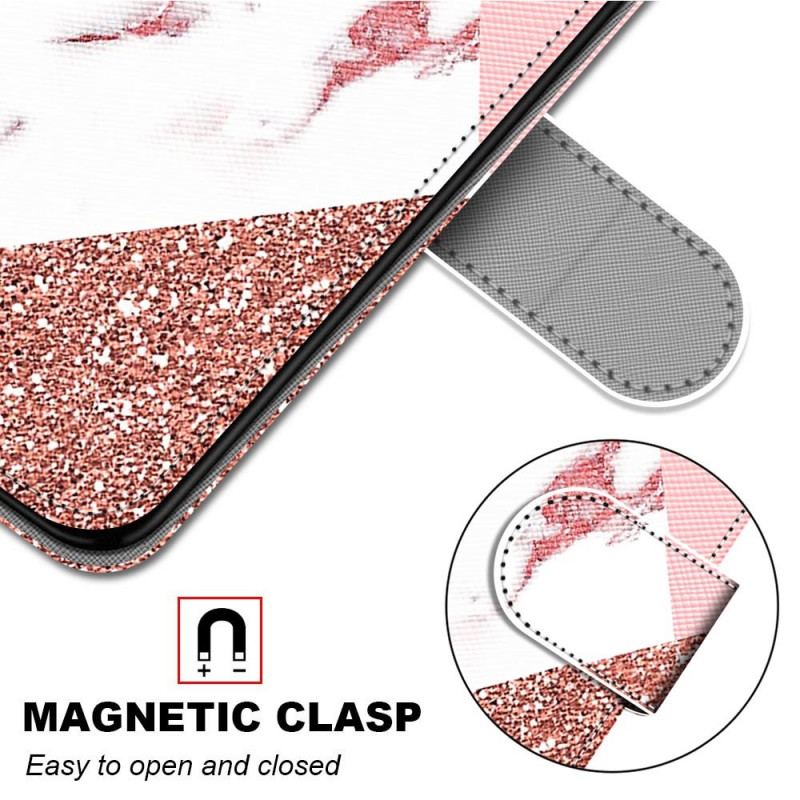 Capa De Couro Para Samsung Galaxy M23 5G Triângulo De Mármore E Glitter