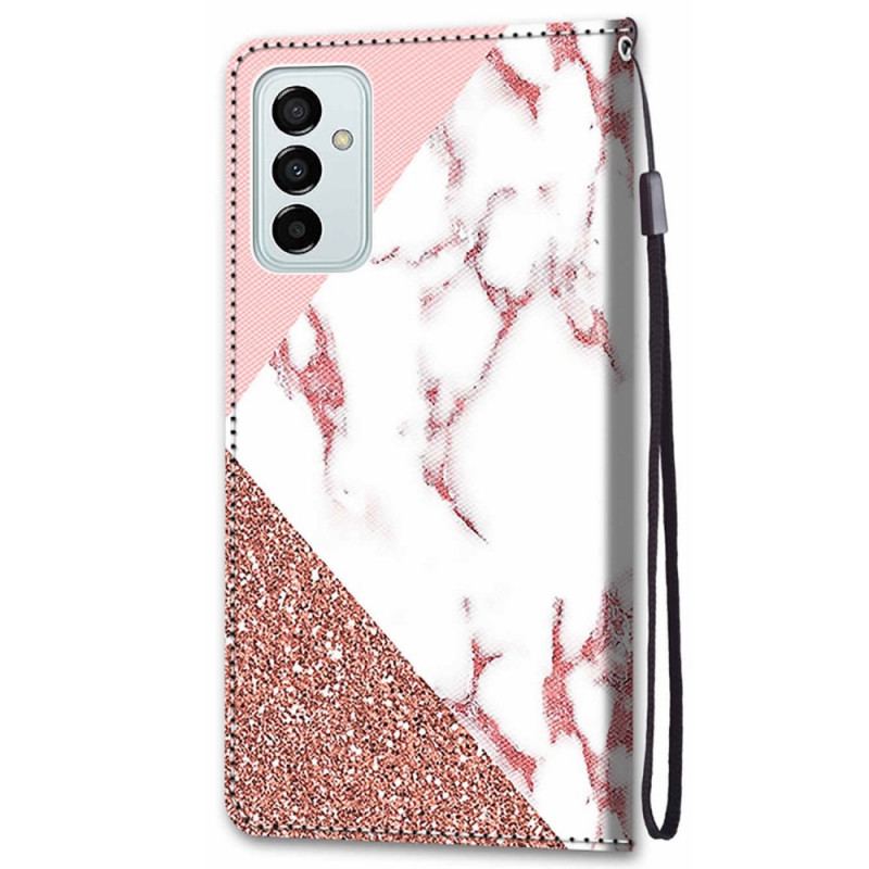 Capa De Couro Para Samsung Galaxy M23 5G Triângulo De Mármore E Glitter