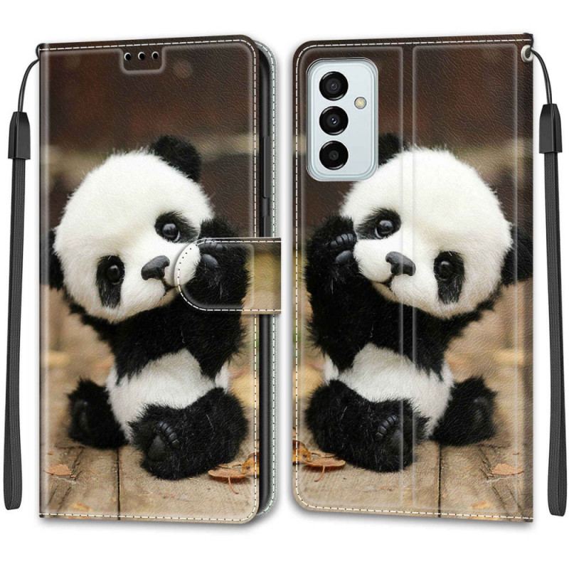 Capa Em Pele Para Samsung Galaxy M23 5G De Cordão Pequeno Panda Com Alça