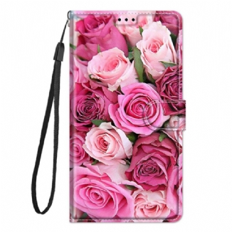 Capa Em Pele Para Samsung Galaxy M23 5G Rosas Com Cordão