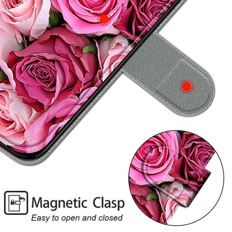 Capa Em Pele Para Samsung Galaxy M23 5G Rosas Com Cordão