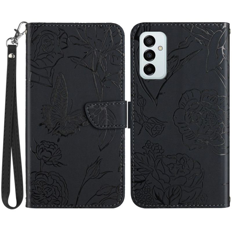 Capa Folio Para Samsung Galaxy M23 5G Borboletas Discretas E Cordão