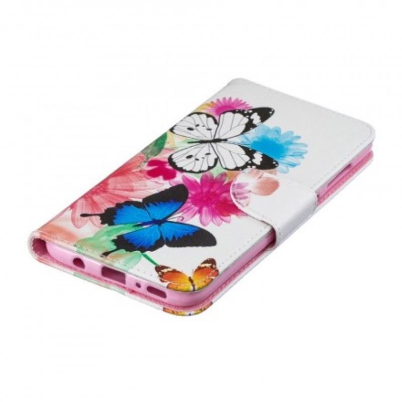 Capa Em Pele Para Samsung Galaxy A70 Borboletas E Flores Pintadas