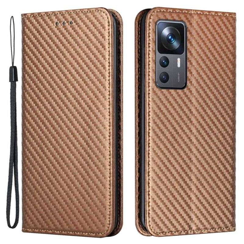 Capa De Celular Para Xiaomi 12T / 12T Pro Flip Fibra De Carbono Com Cordão